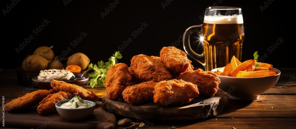 Crispy plant based southern nuggets with sweet potato fries and beer