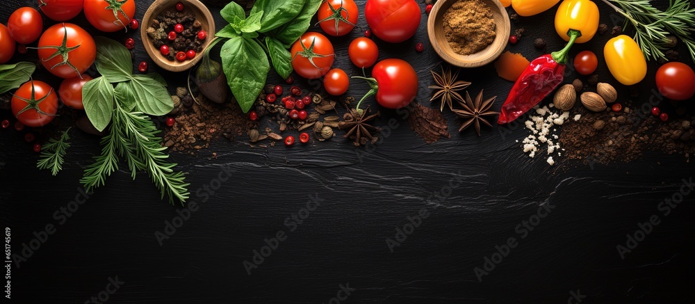 Fresh herbs and vegetables arranged on a black table ready for cooking