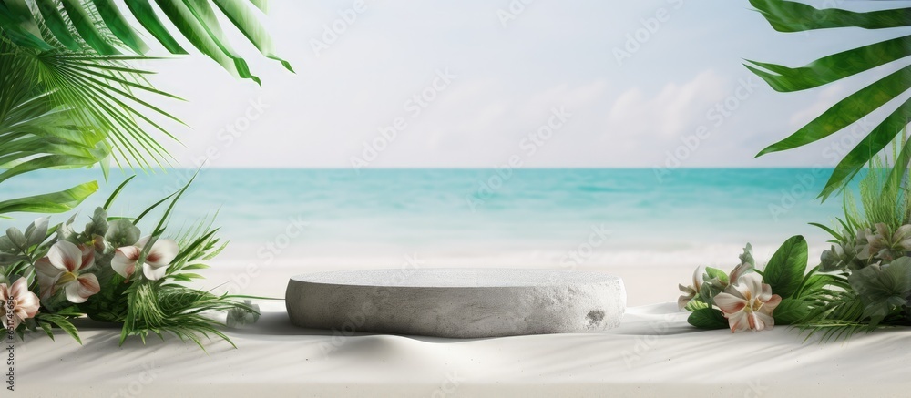 Empty mock up pedestal with natural stone and concrete podium as background for showcasing cosmetic products on a tropical beach with flowers and green leaves