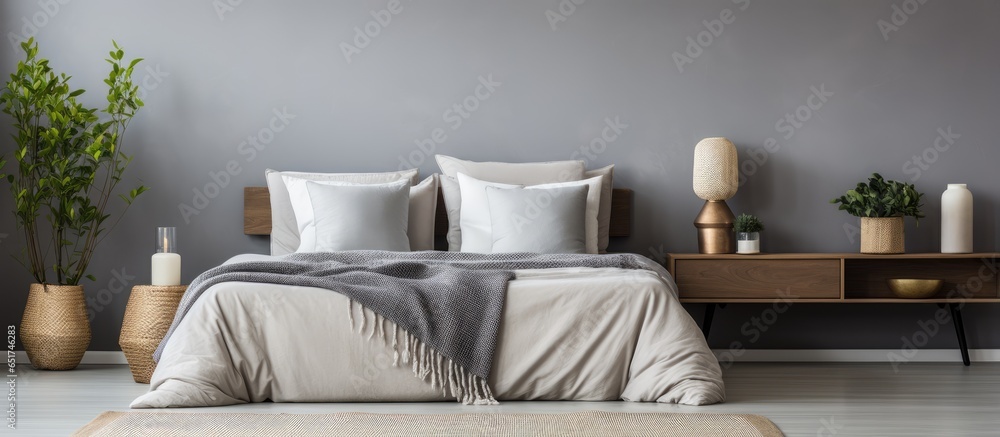 Bedroom with white carpet metal table and gallery wall above bed