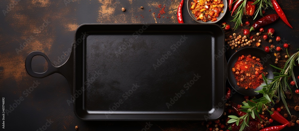 Empty square frying pan with spices and utensils for grilling on black table background Top view with copy space