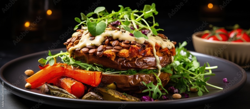 Vegan lentil burger with sweet potato tomato sauce and fresh veggies on a gray plate