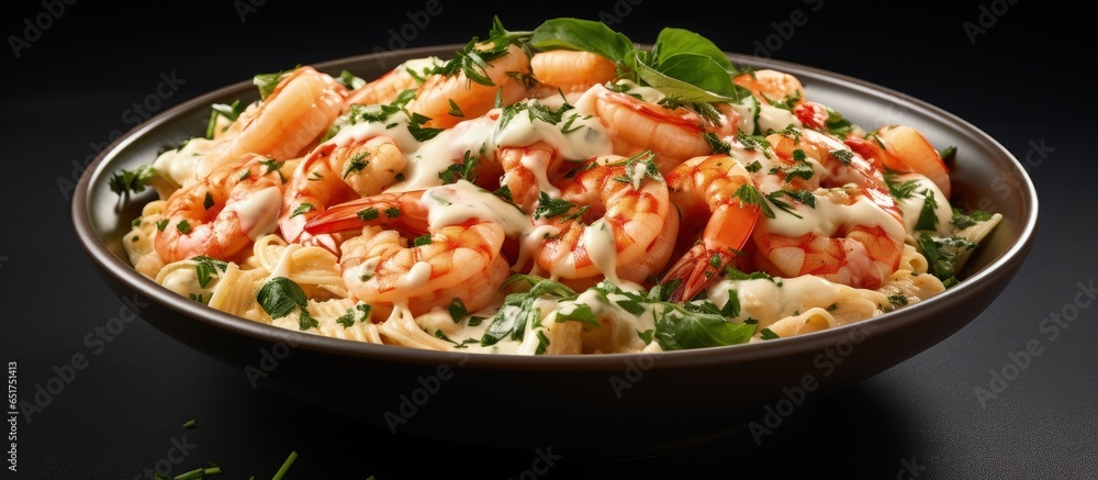 Italian cuisine features a seafood rich diet with dishes like farfalle pasta served with grilled shrimp and a creamy bechamel sauce