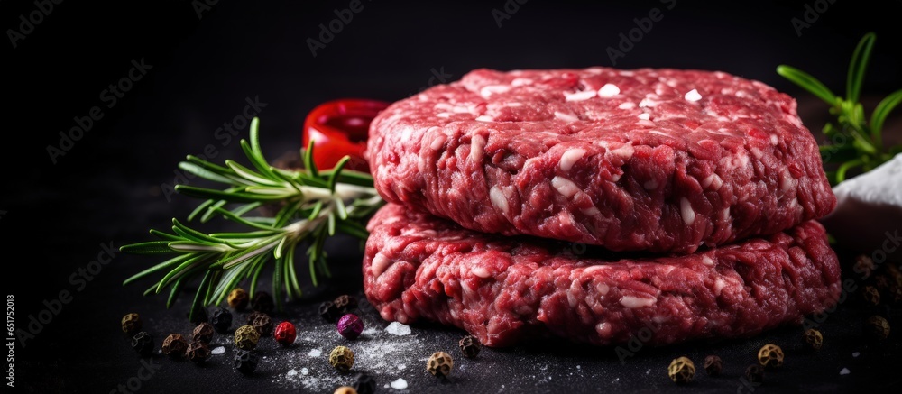 Organic farm made beef burgers homemade and raw Seen from above on a black backdrop