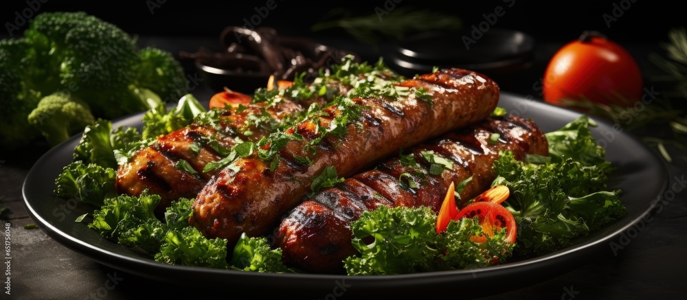 Tasty vegan sausages with herbs veggies and blank space on table