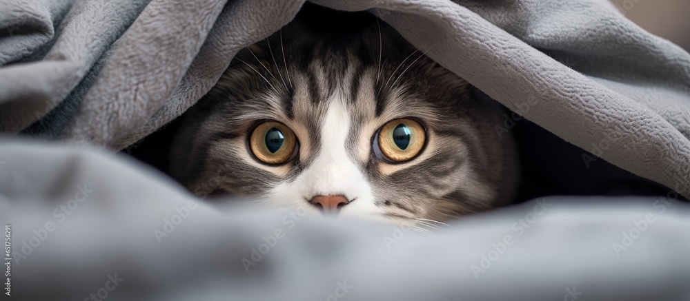 Tricolor feline under gray blanket in modern room staying warm in cold weather