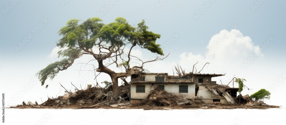 Tree on building roof damaged by tropical storm