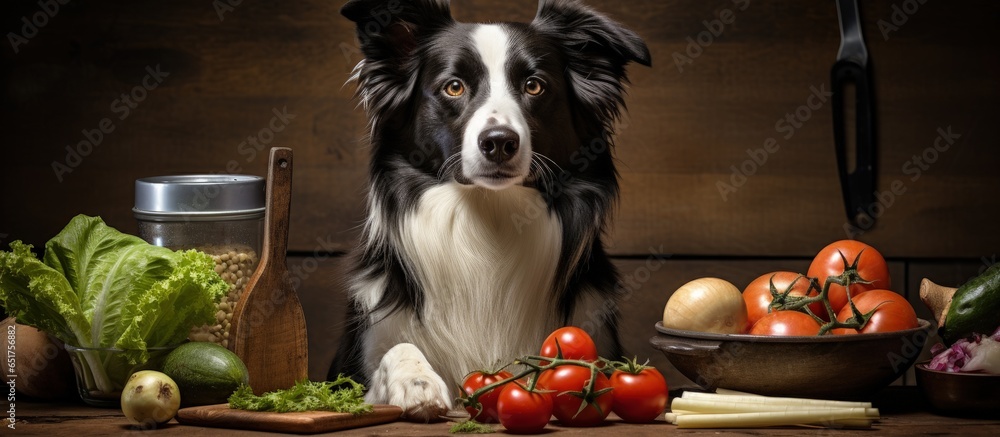 Border Collie chef cooking fresh veggie dishes promoting nutritional meals for pets