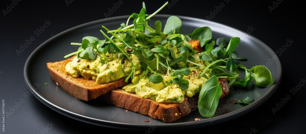 Healthy vegan food concept involving tofu and greens served on a gray plate