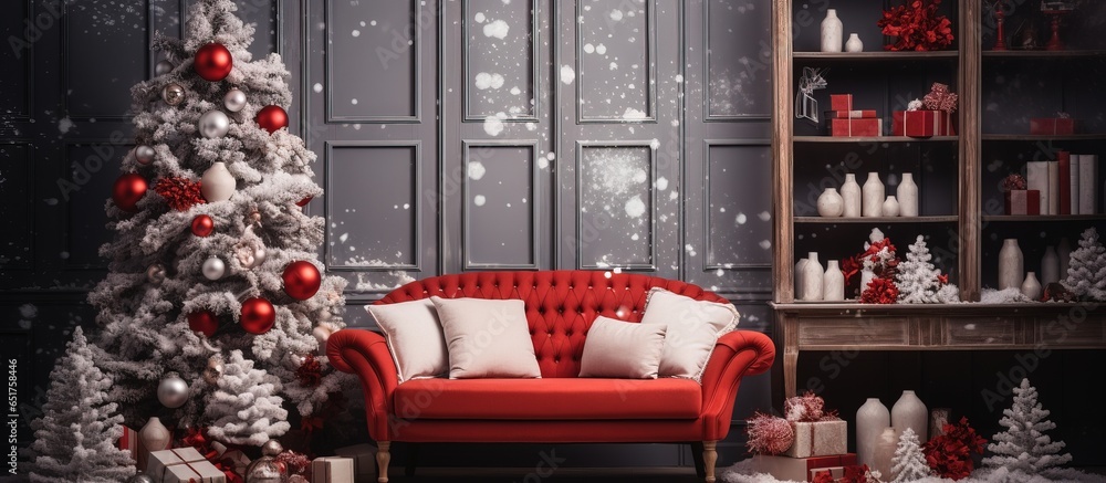 Red and white colors frame the New Year s studio Cozy holiday atmosphere indoors