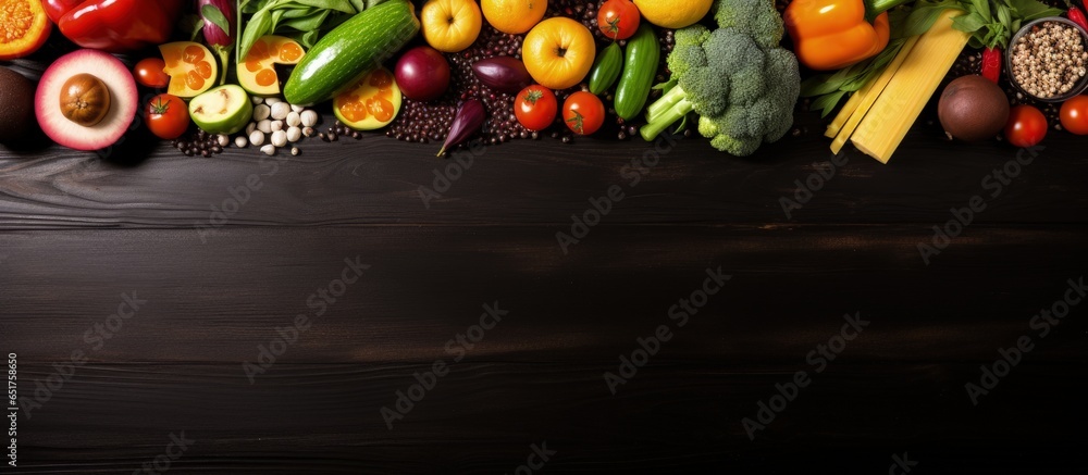 Healthful eating arrangement of assorted fruits vegetables and seeds on a wooden table