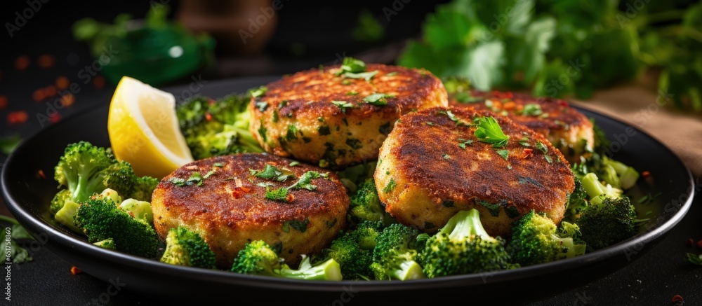 Closeup of scrumptious vegan cutlets with broccoli and parsley on the table