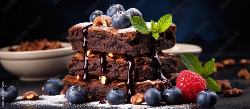 Vegan brownie with nuts blueberry fresh berries cocoa on baking paper Morning table white background copy space