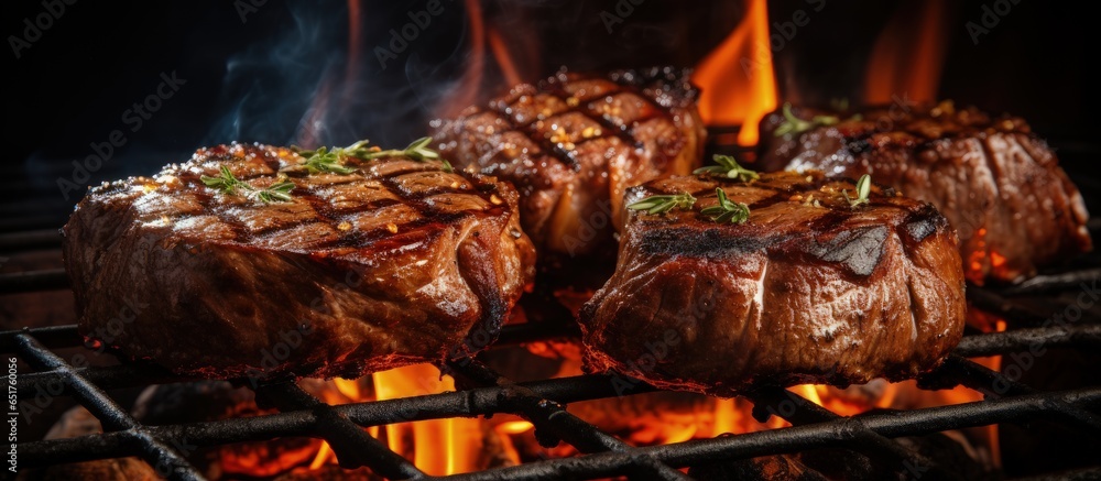 Grilled beef steaks with fire