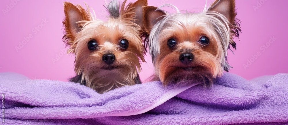 Wet Yorkies in a towel with pink backdrop Pet grooming Copy space