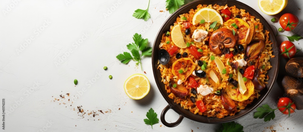 Vegan Paella gray background healthy food concept