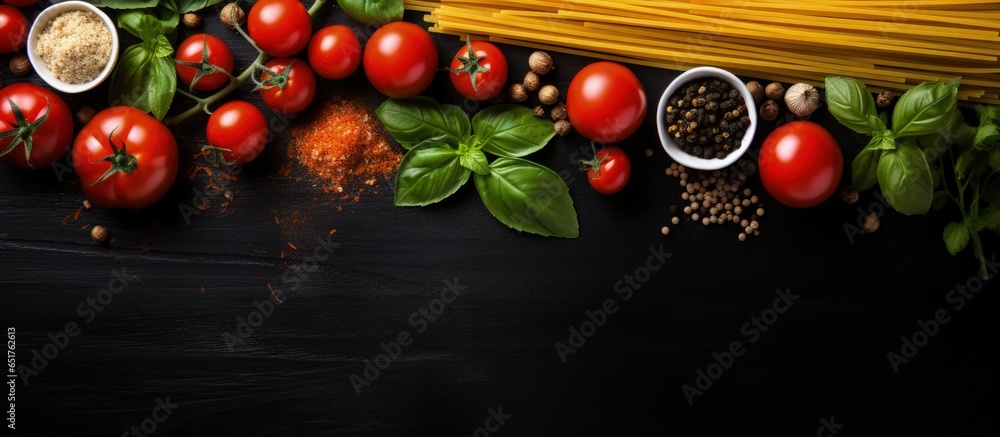 Top view image of Italian pasta ingredients on black table including spaghetti tomato basil and garlic with copy space