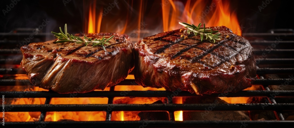 Grilled beef steaks with fire