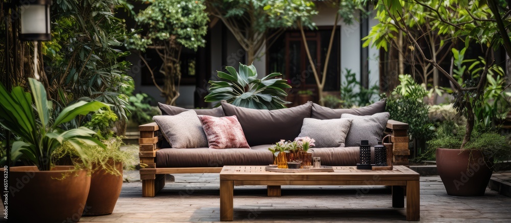 Beautiful house with a wooden sofa metal table in garden patio close up