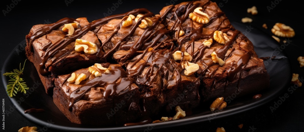 Homemade chocolate brownies with peanut butter on black background top view