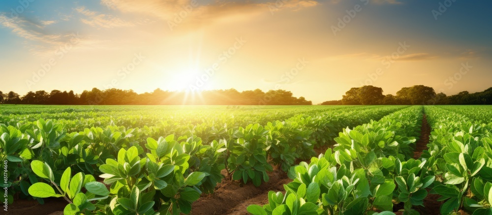 Sunset on a smart technology peanut farm showcasing industrial agriculture