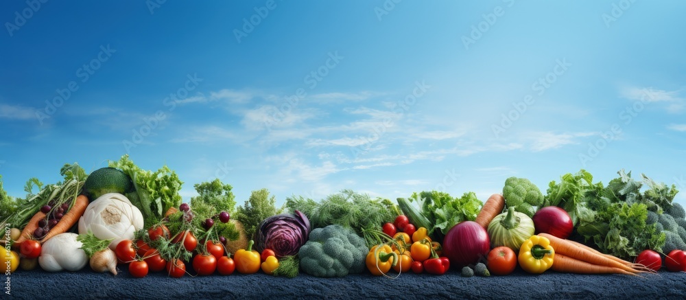 Vegetables in healthy food scenery under blue sky