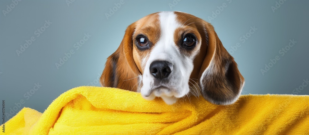 Groomed beagle dog wrapped in yellow towel on a gray background