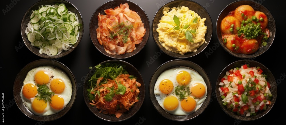 Different methods of cooking chicken eggs including omelette poached soft boiled hard boiled fried and scrambled eggs Overhead and close up shots