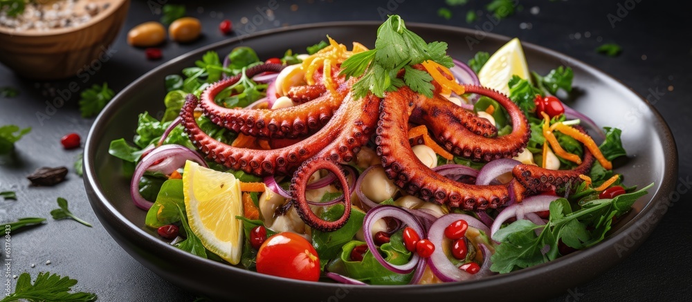 Mediterranean style seafood dish with octopus fresh vegetables and sauce on a ceramic dish available on the restaurant menu