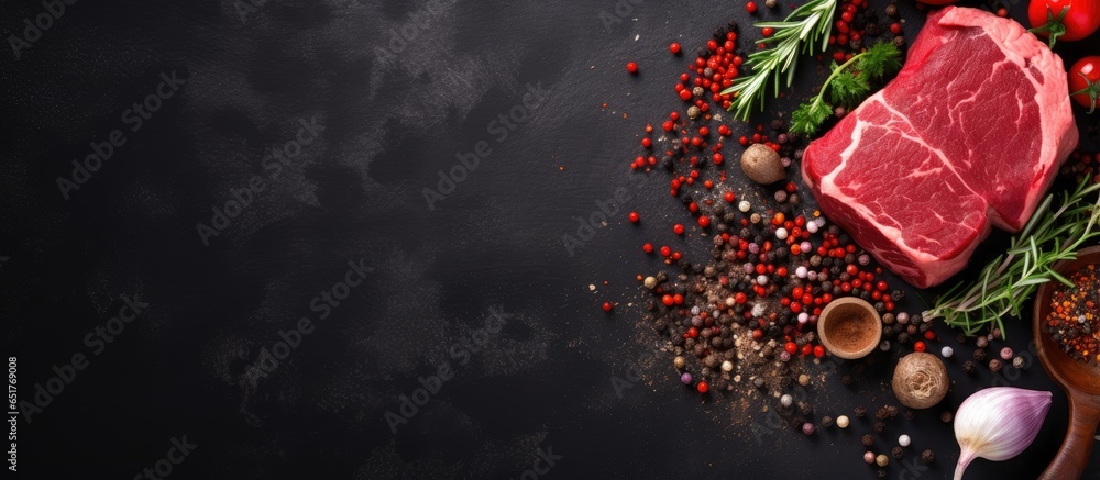 Cooking raw beef steak accompanied by ingredients meat red wine herbs spices top view with space on stone table