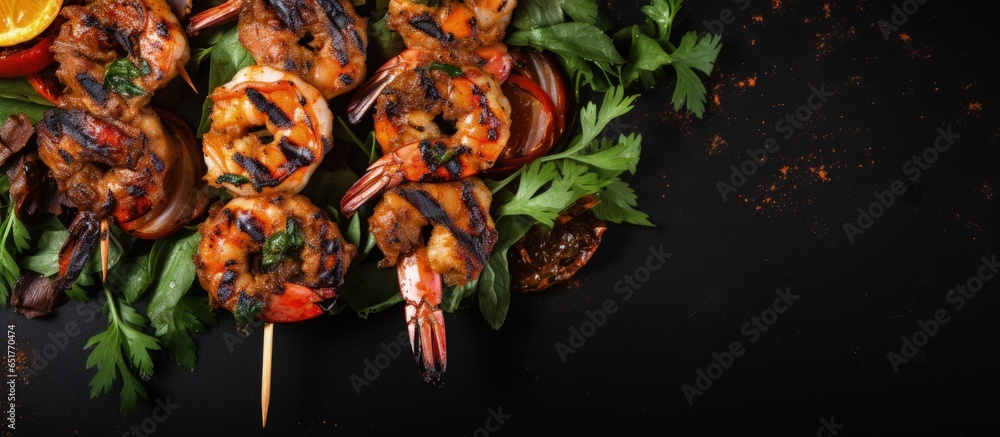 Top view of tiger prawns and shrimp skewers fried on a stone background