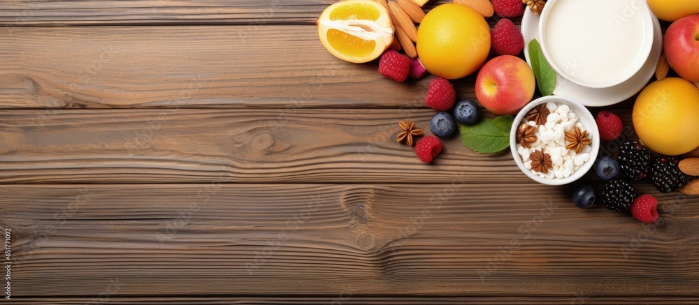 Breakfast ingredients on wooden background copy space