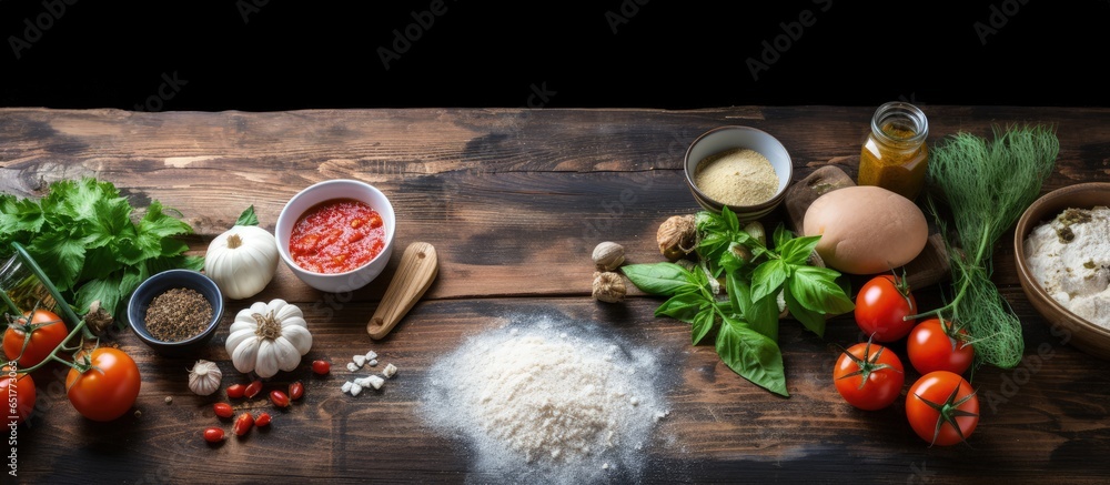 Cooking pizza ingredients on wooden table with kitchen background space for text