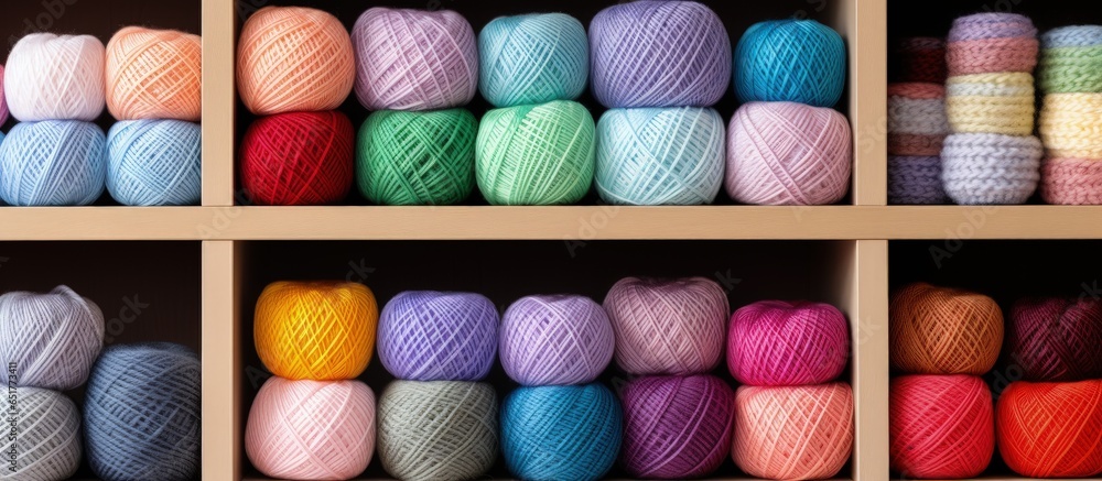 Organized craft room with shelves baskets and colorful yarn balls for knitting