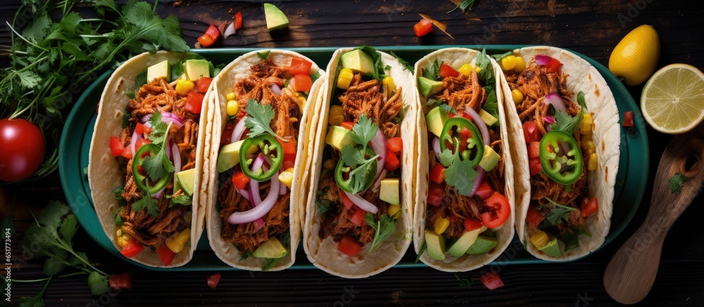 Top down view of healthy plant based pulled pork substitute tacos on a rustic blue wood table