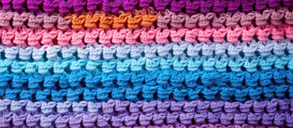 Colourful handmade crocheted blanket with textured background