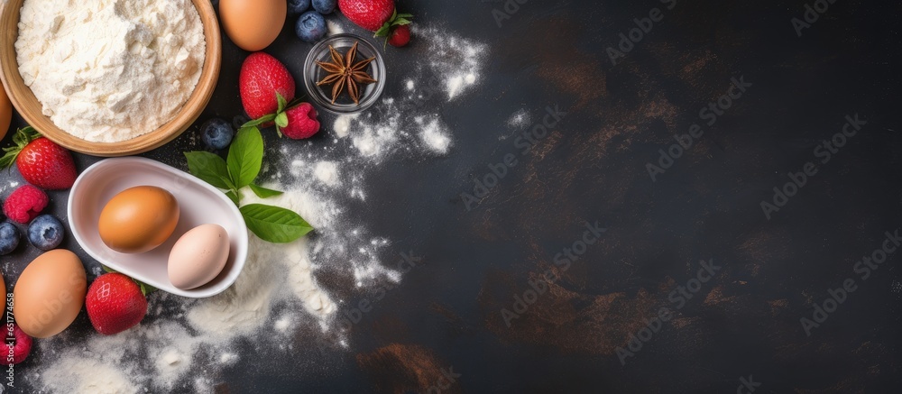 Ingredients and utensils for baking tarts cookies and pastry including eggs flour sugar and berries Top view for recipe cooking classes and blog