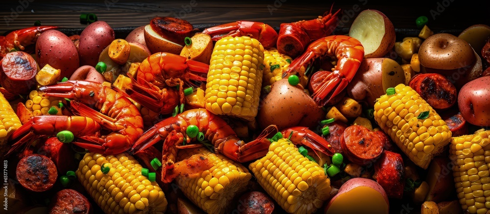 Southern style Crawfish Boil with Potatoes Sausage and Corn