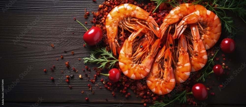 Valentine s Day dinner concept with heart shaped cooked shrimp prawns on a dark background