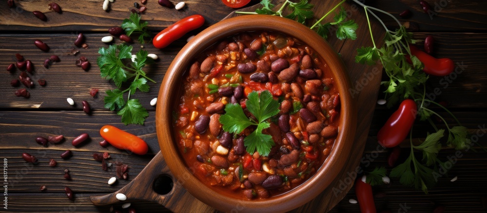 Top view of homemade vegan vegetarian stew with kidney beans and vegetables on a wooden table