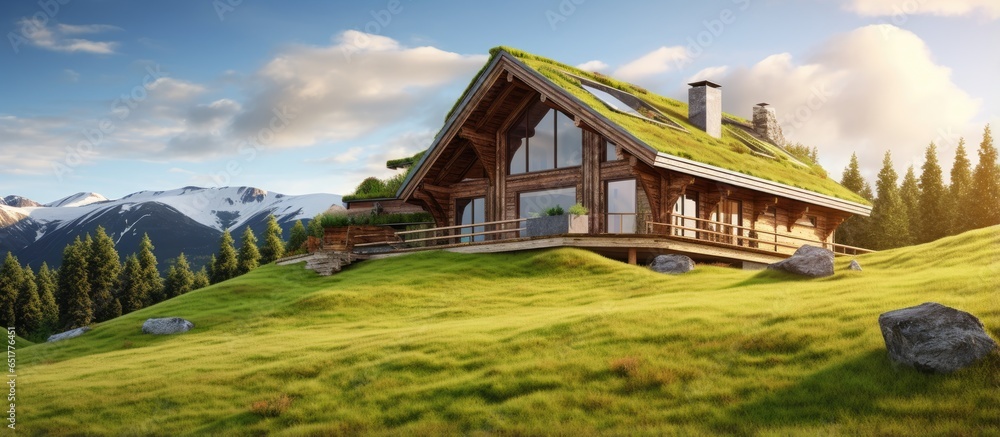 Contemporary wooden house in the forest with a green eco friendly roof secluded in Norwegian style