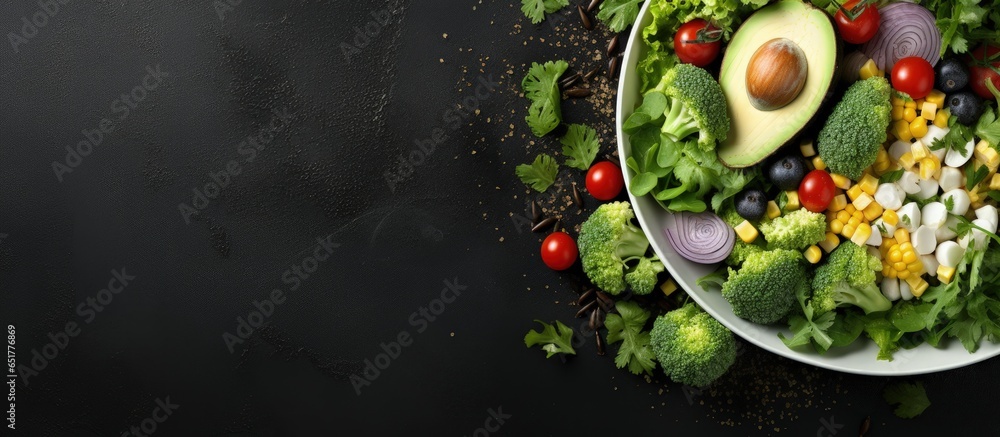 Top view of an Easter salad with vegetables and eggs