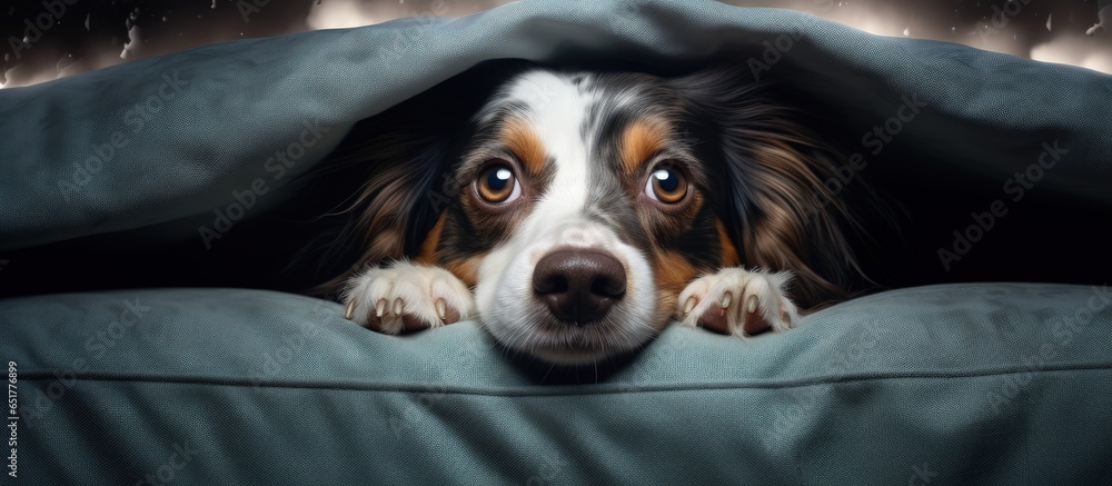 The anxious dog seeks shelter under the sofa due to fear of loud noises such as thunderstorms and fireworks affecting its mental well being and causing feelings of insecurity