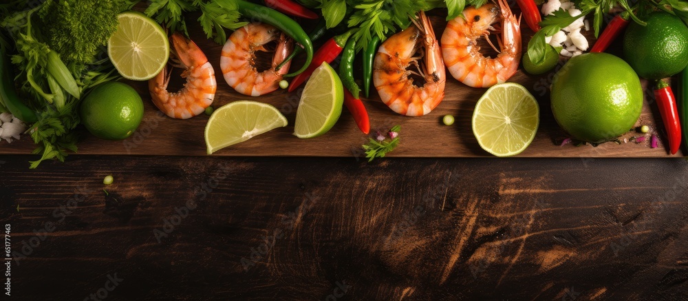 Clean eating ingredients viewed from above on a white background with space for text including cooked prawns clams asparagus lime and seasonings