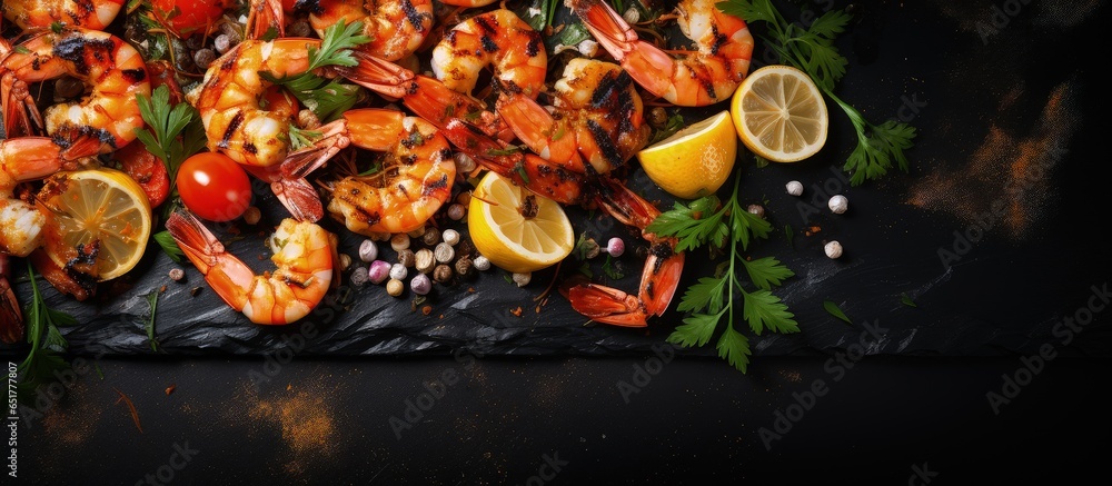 Grilled shrimp brochettes on black stone with herbs garlic and lemon Barbecue seafood