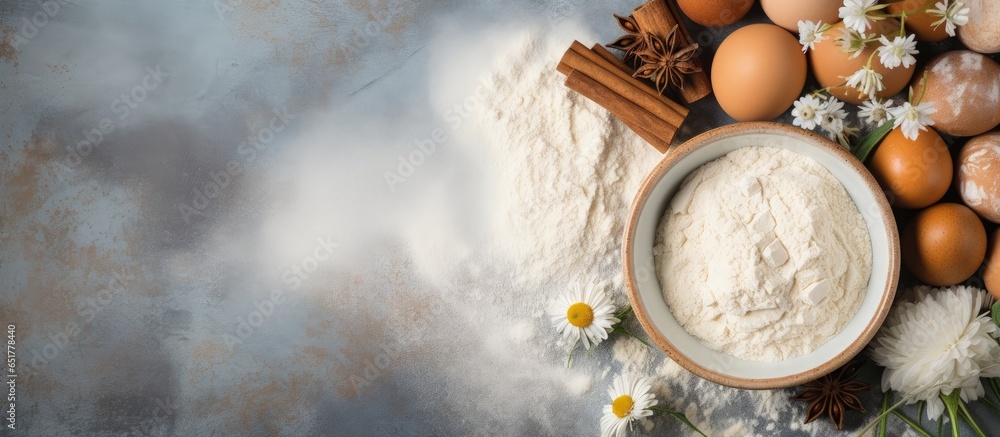 Mockup for recipe of cookies pie or cake with baking cooking ingredients and utensils in a kitchen setting