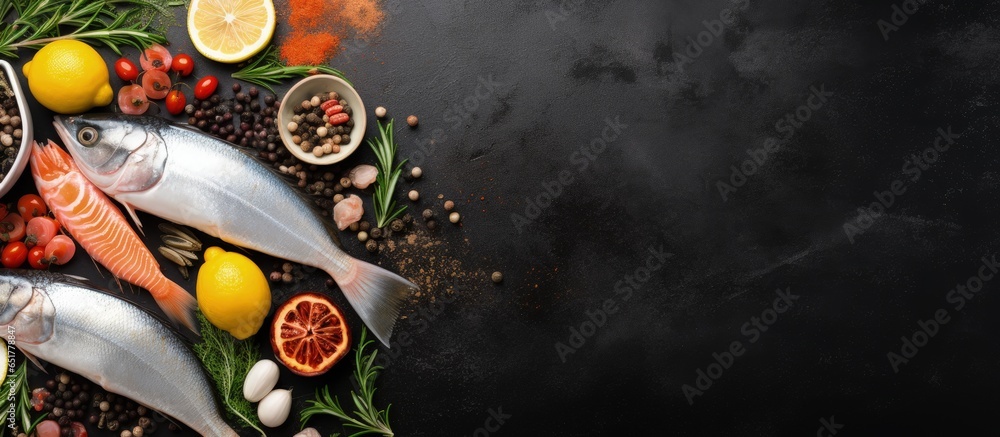 Variety of fresh fish and seafood on dark stone background