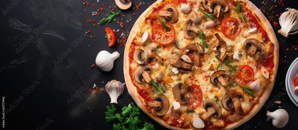 Top down view of a mouthwatering seafood pizza on a light grey table with room for text