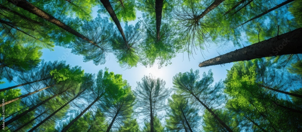 Gazing at the lush spring forest with tall tree trunks and branches