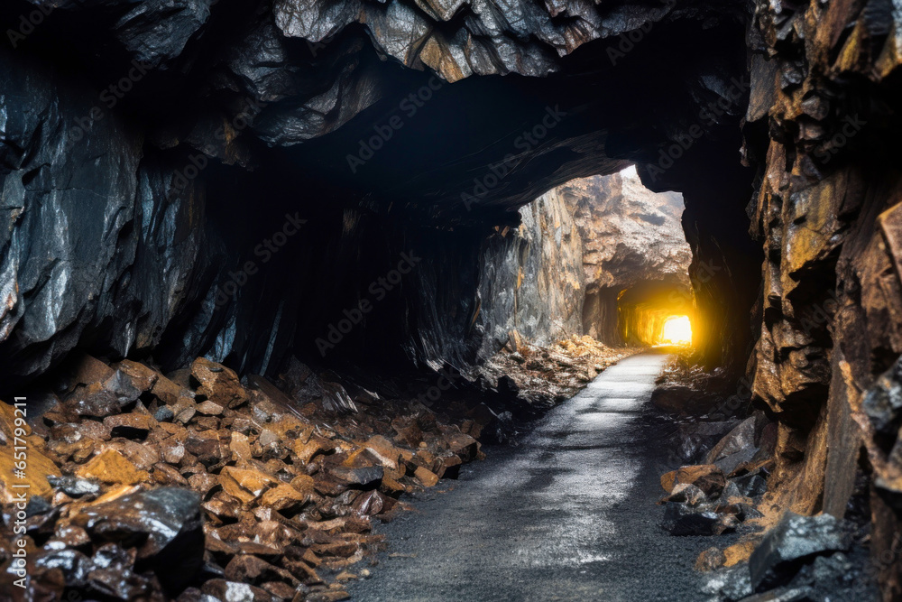 Underground mine, mining, rail track trolleys laid through tunnel